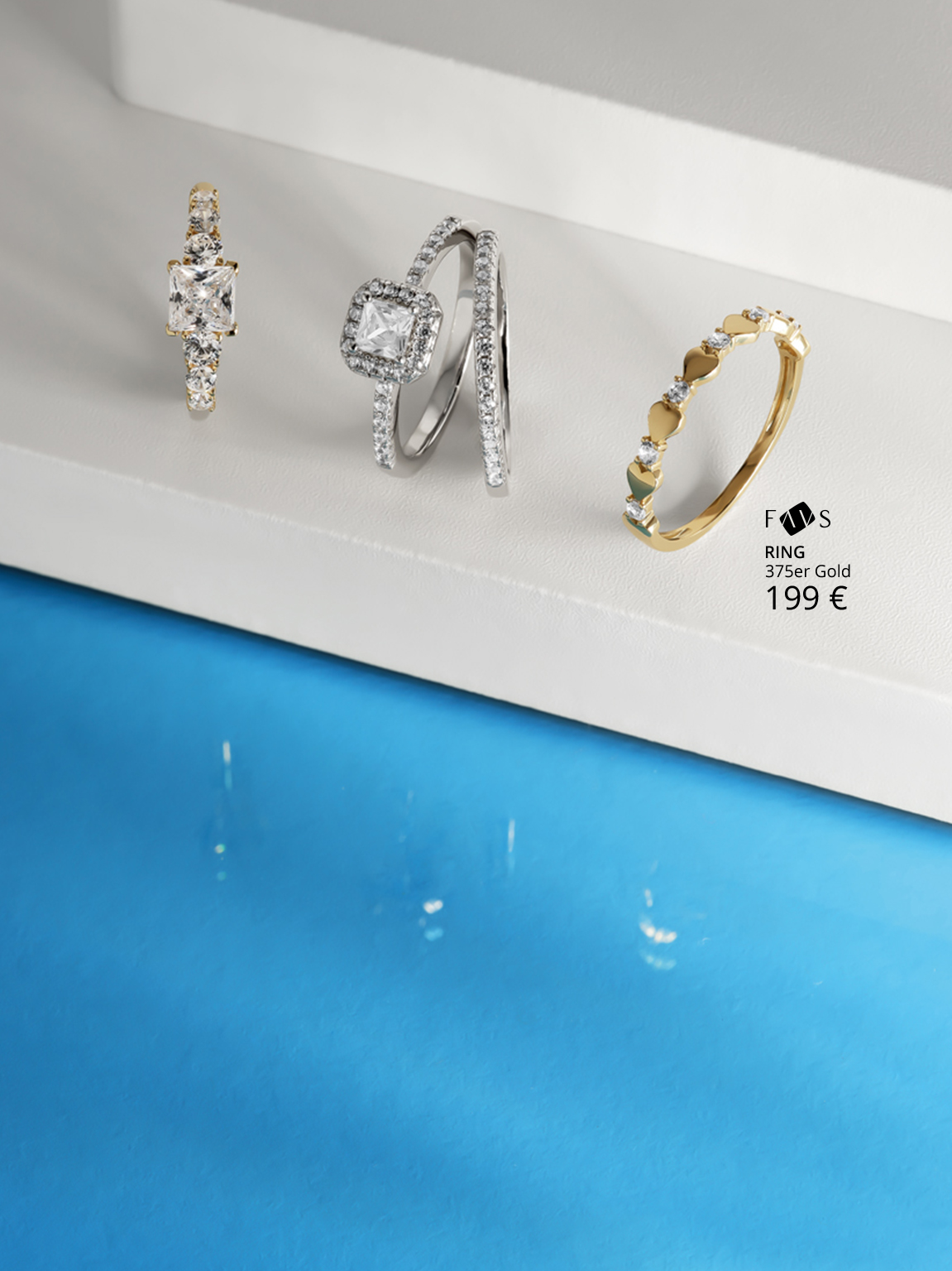 Drei Favs Ringe auf einem weißen Block auf blauem Hintergrund.