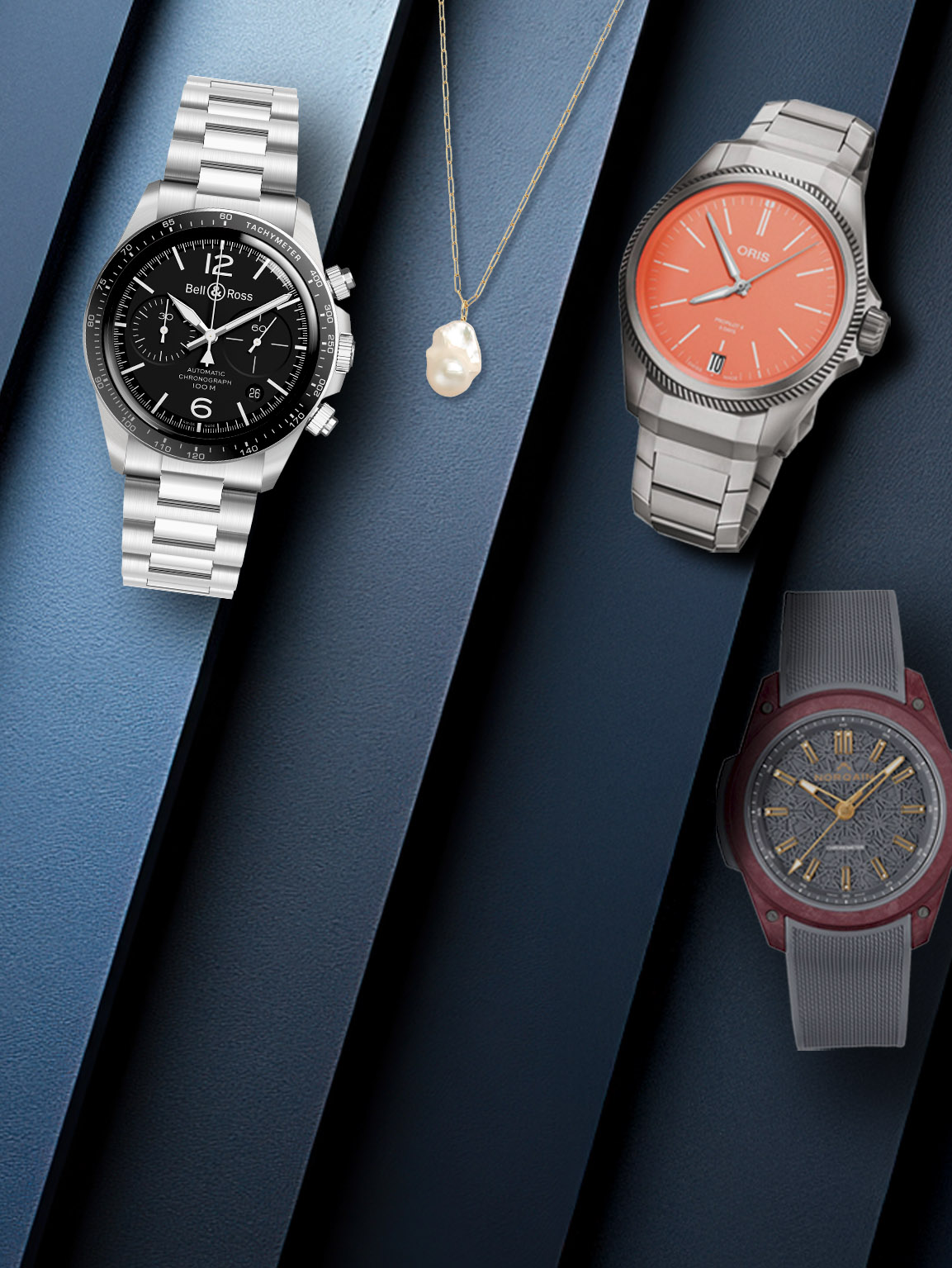 Drei Uhren der Marken Bell & Ross, Norqain und Oris auf einem grauen Hintergrund.