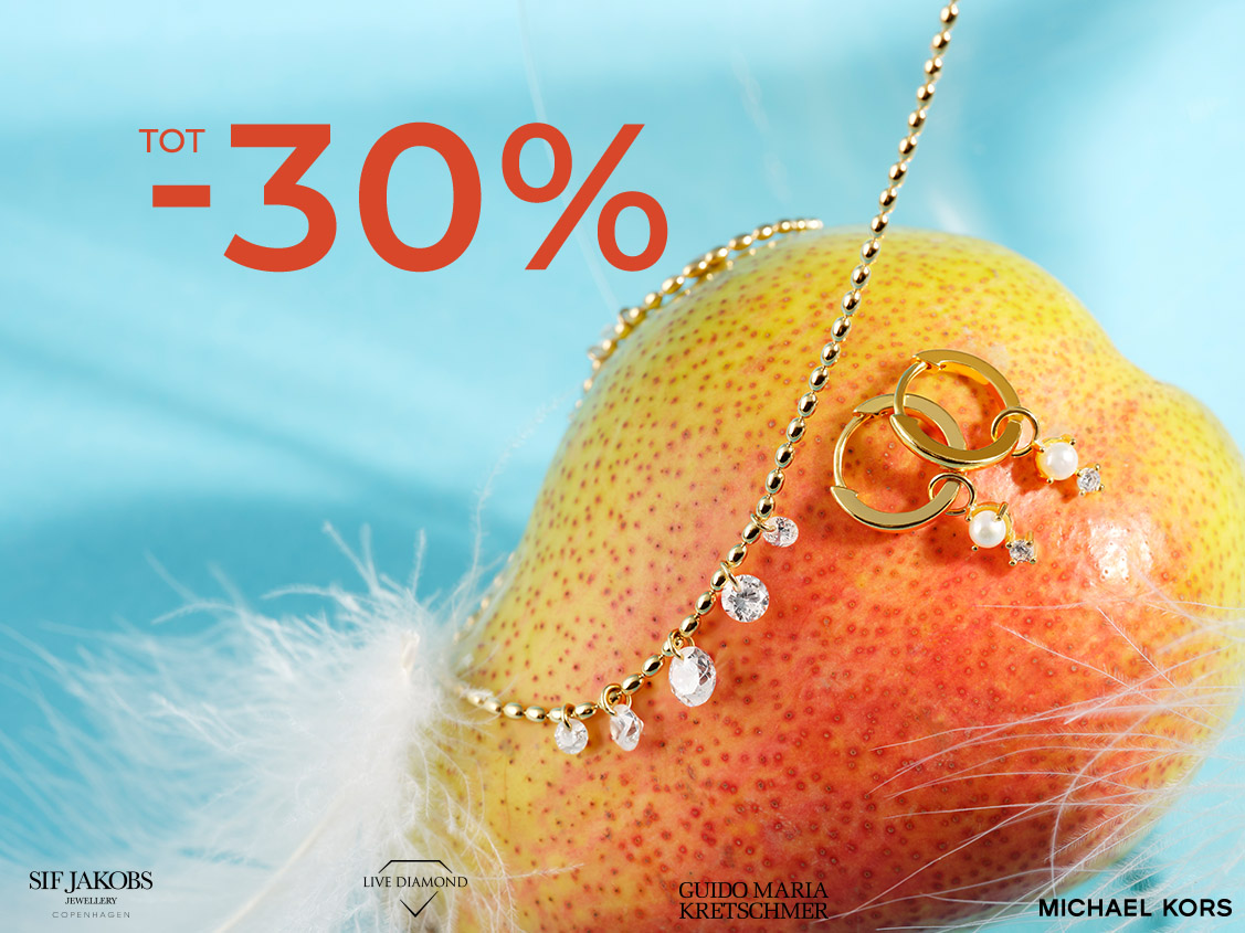 Gouden ketting en oorbellen met parels op peervormige hangers. Daarnaast een tekst met kortingen tot 30%.