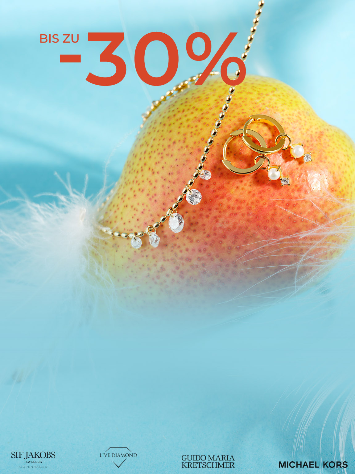 Goldene Kette und Ohrringe mit Perlen auf einer Birne. Daneben ein Text bis zu 30 % Rabatt.