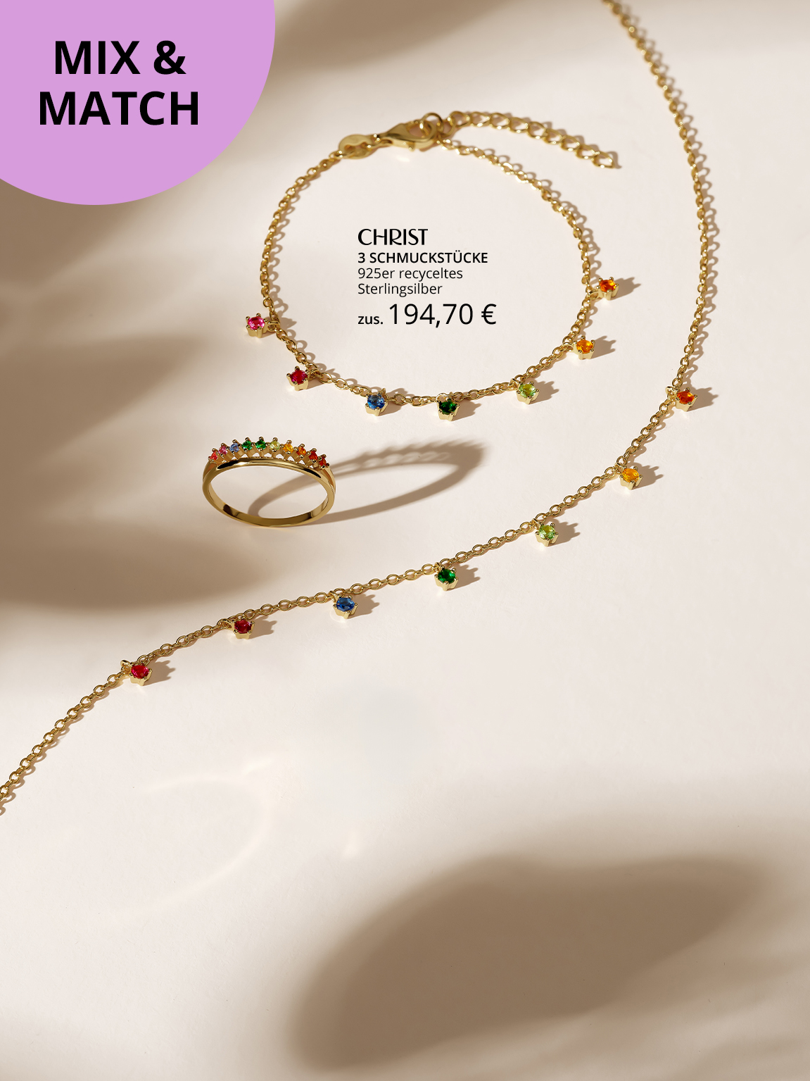Armband, Ring & Kette mit bunten Steinen.