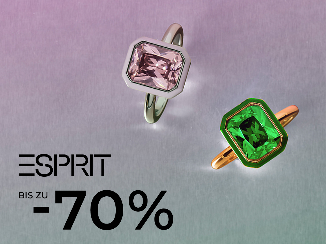 Zwei Ringe mit großen Edelsteinen in Rosa und Grün auf Farbverlauf-Hintergrund. Links Schrift: Bis zu -70 %.