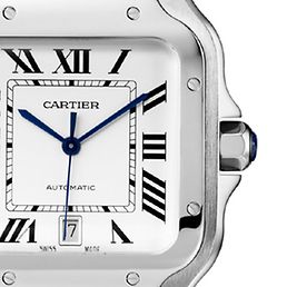 Eine silberne Uhr von Cartier.